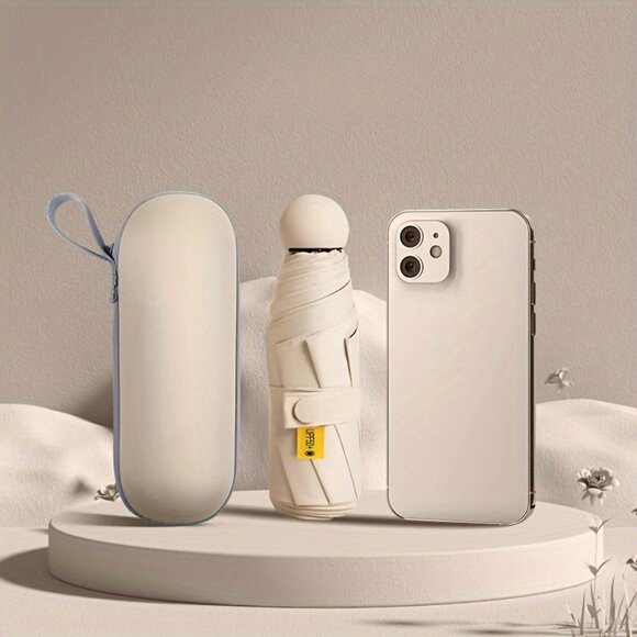 Travel Passions - Beige Mini Pocket Umbrella with Case - Picture 2 of 5